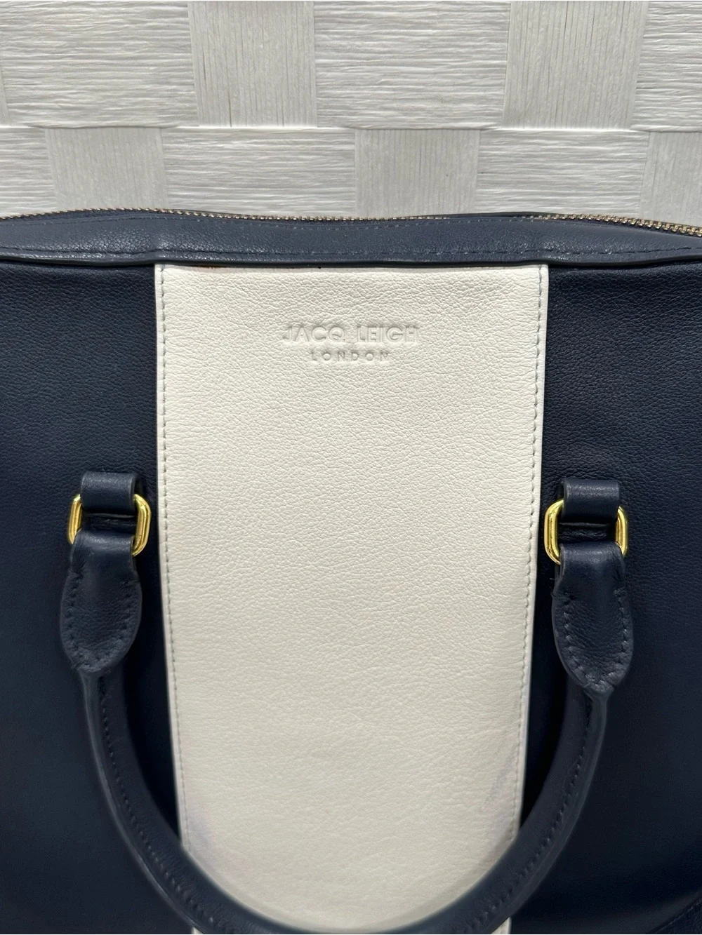 Jacq Leigh London Navy White Leather Satchel Crossbody Bag Gold Hardware Laptop